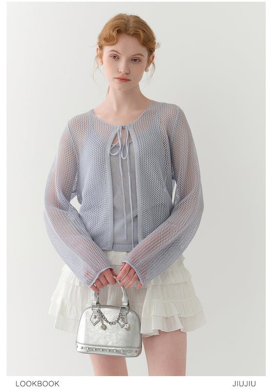 Tie-Front Mesh Knit Long Sleeve Top With Inner Cami Set