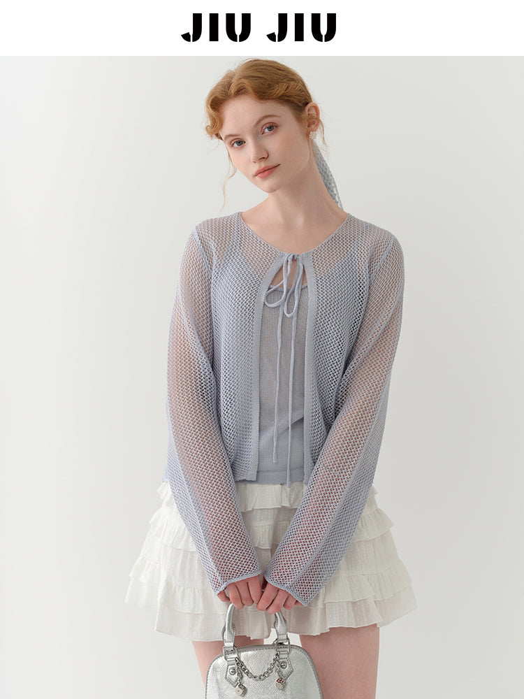 Tie-Front Mesh Knit Long Sleeve Top With Inner Cami Set