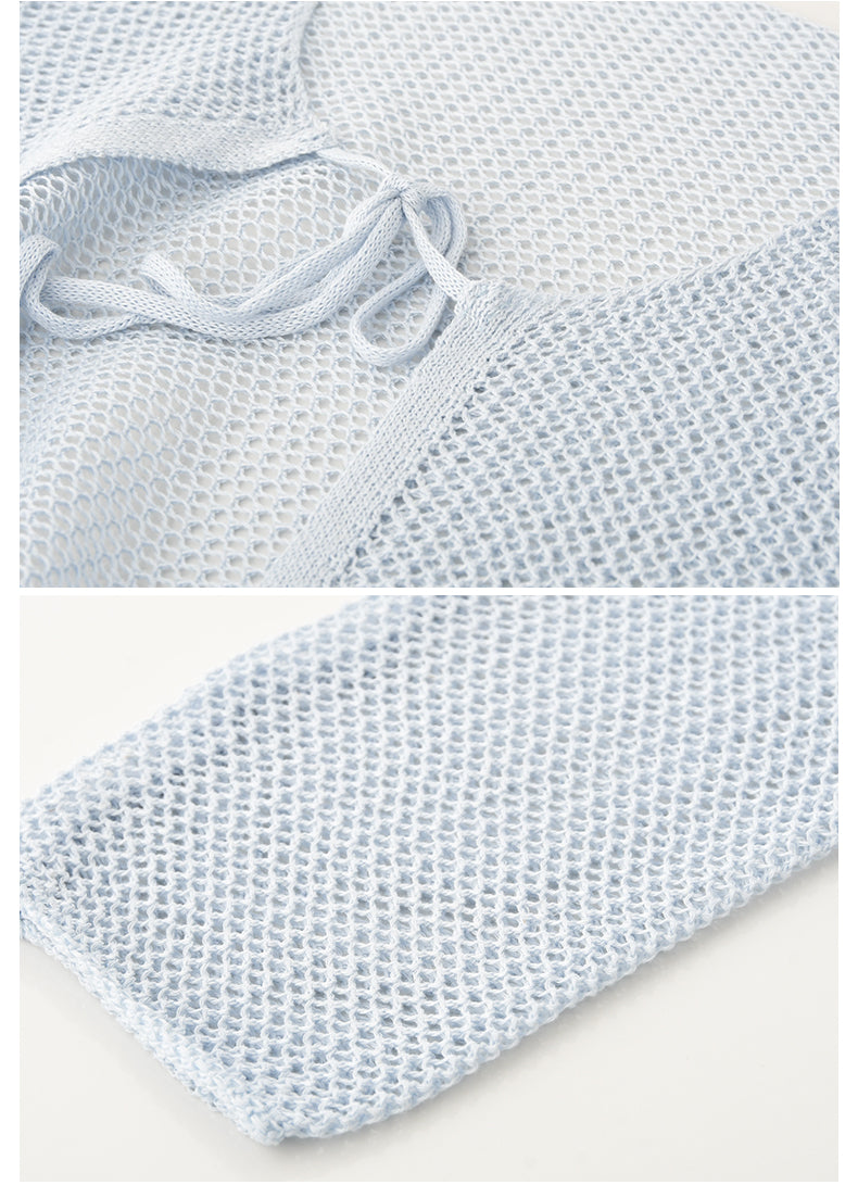 Tie-Front Mesh Knit Long Sleeve Top With Inner Cami Set