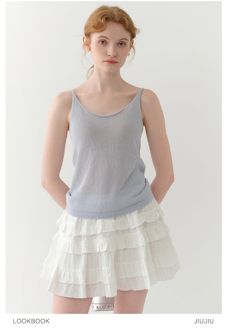 Tie-Front Mesh Knit Long Sleeve Top With Inner Cami Set