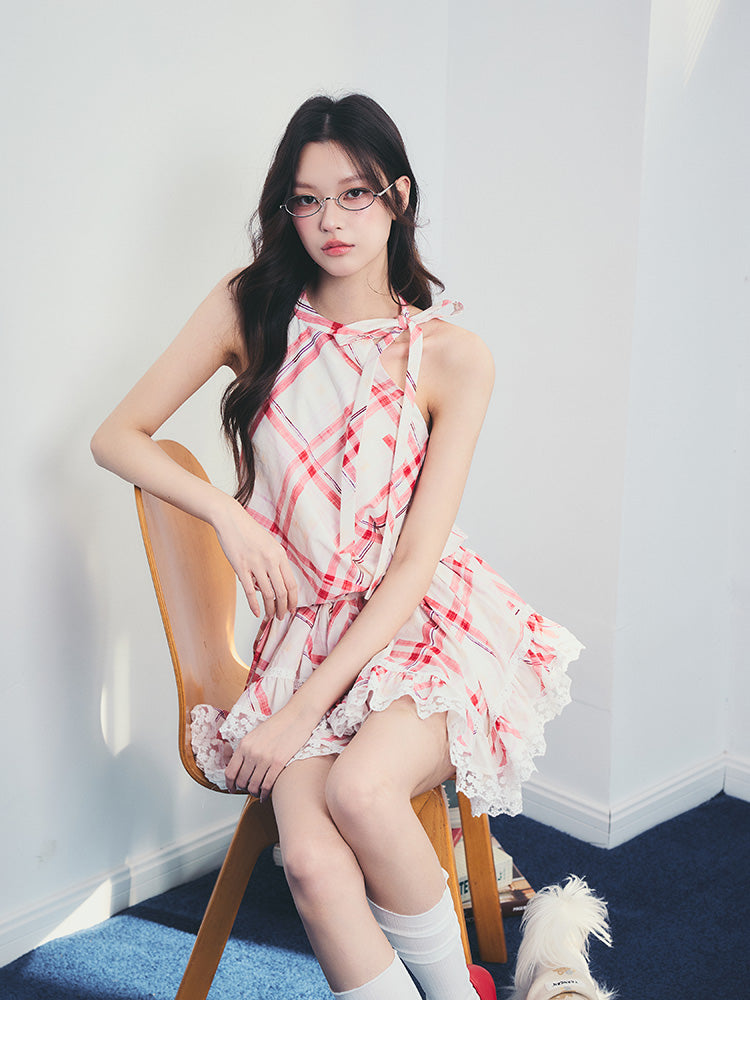Lace Trimmed Plaid Asymmetrical Dress With Tie Neck