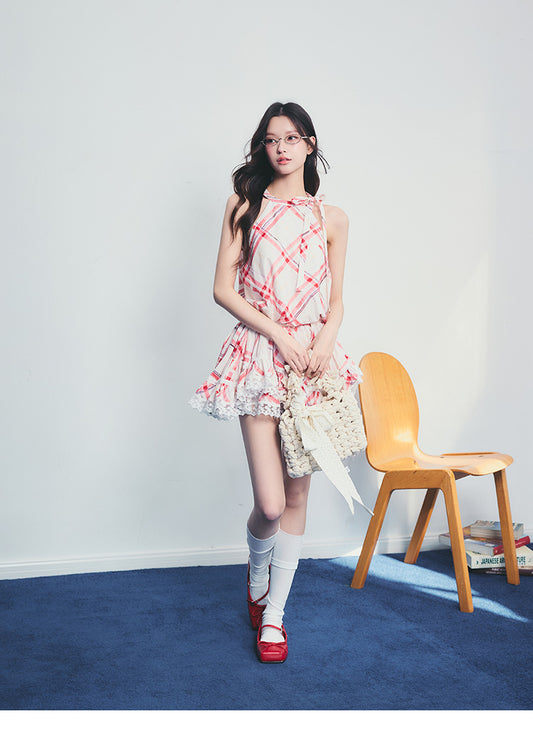 Lace Trimmed Plaid Asymmetrical Dress With Tie Neck