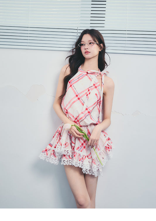 Lace Trimmed Plaid Asymmetrical Dress With Tie Neck