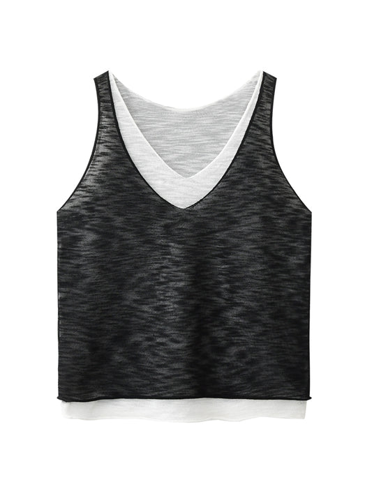 Layered Sheer Knit Sleeveless Top With Rolled Hem