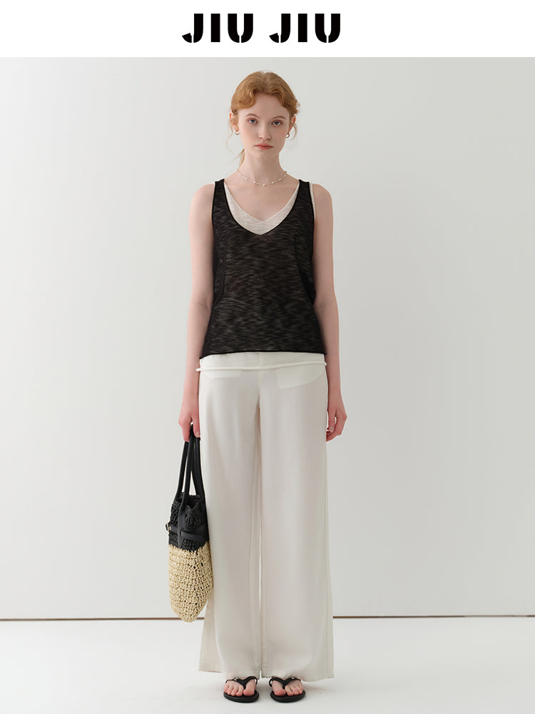 Layered Sheer Knit Sleeveless Top With Rolled Hem