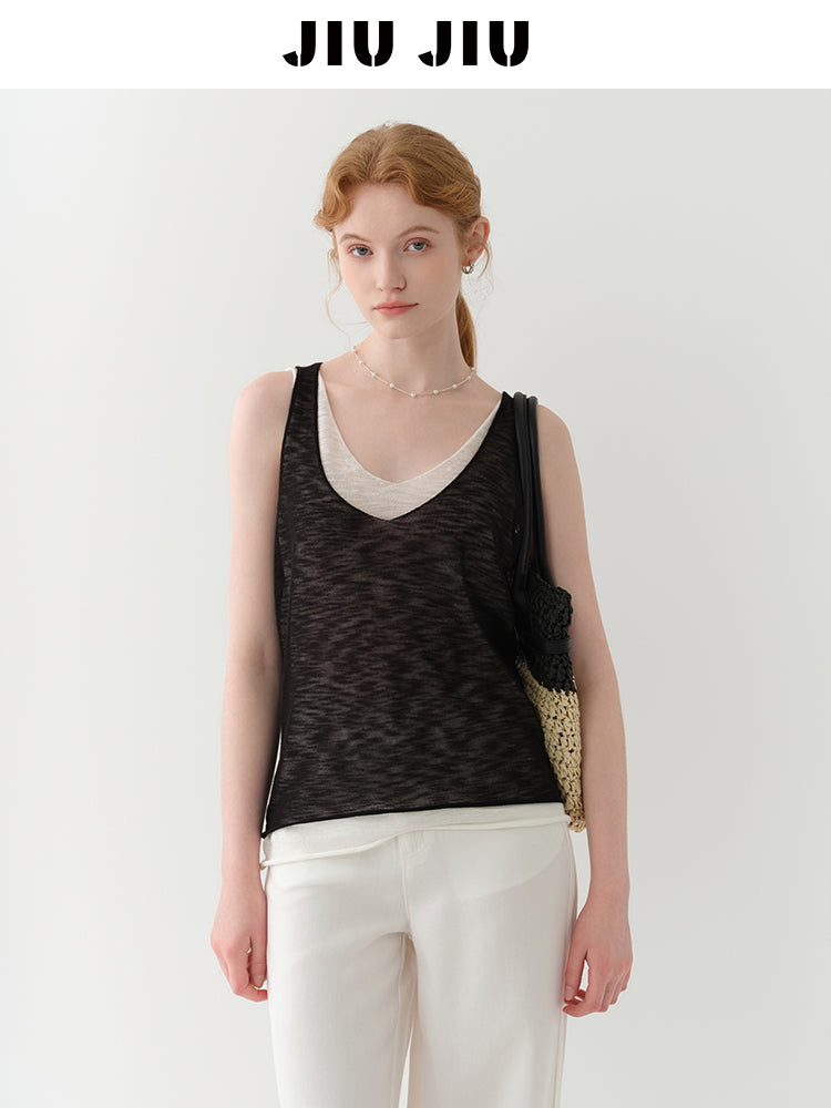 Layered Sheer Knit Sleeveless Top With Rolled Hem