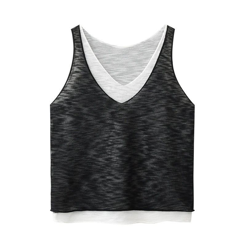 Layered Sheer Knit Sleeveless Top With Rolled Hem