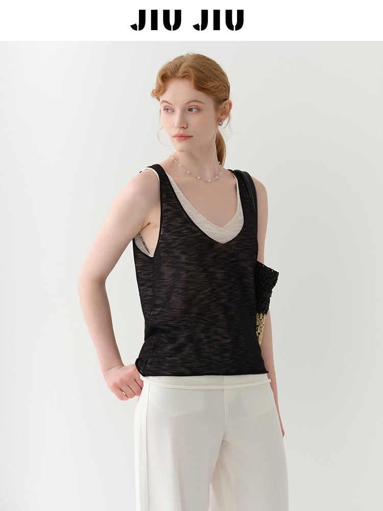 Layered Sheer Knit Sleeveless Top With Rolled Hem