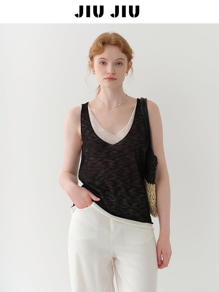 Layered Sheer Knit Sleeveless Top With Rolled Hem