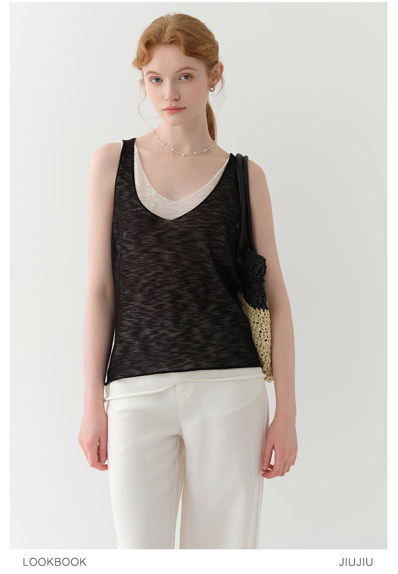 Layered Sheer Knit Sleeveless Top With Rolled Hem