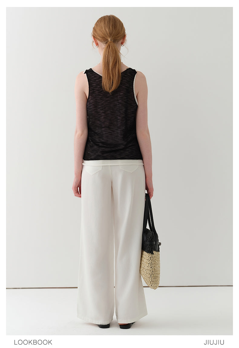 Layered Sheer Knit Sleeveless Top With Rolled Hem