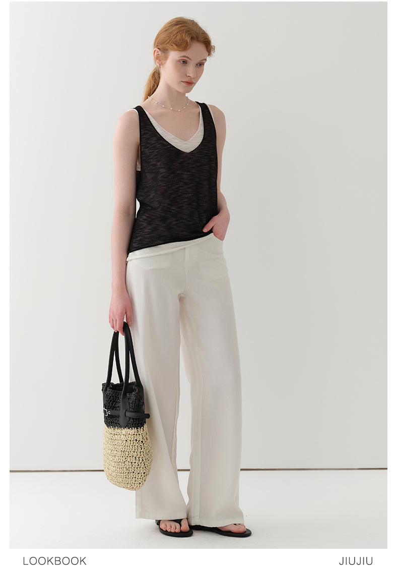 Layered Sheer Knit Sleeveless Top With Rolled Hem