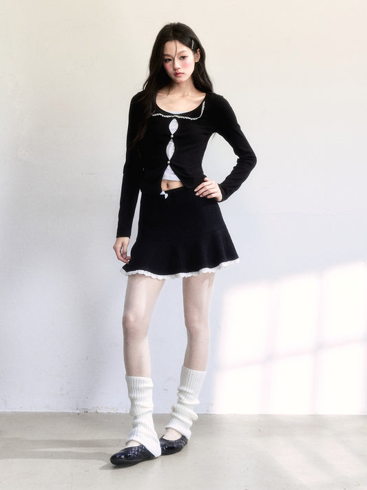 Wool-Blend Flared Peplum Skirt With Lace Trim