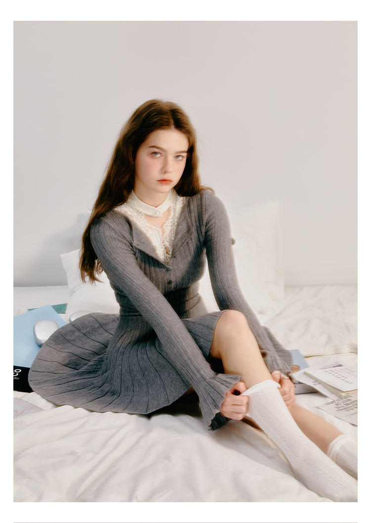 Half-Placket Accordion-Pleated Knit Dress