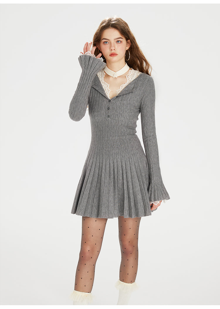 Half-Placket Accordion-Pleated Knit Dress