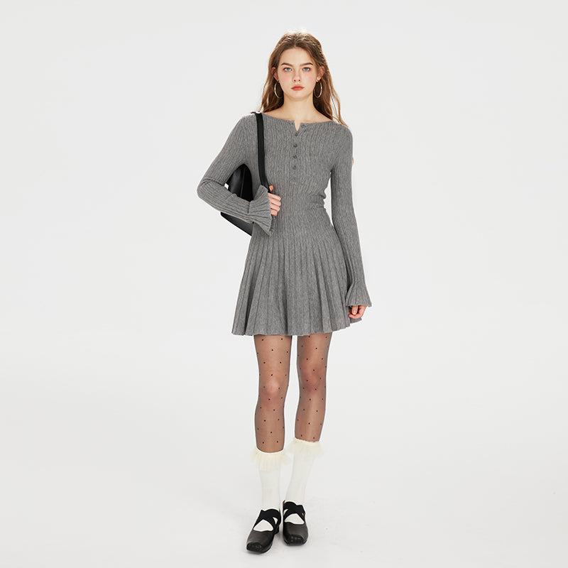 Half-Placket Accordion-Pleated Knit Dress
