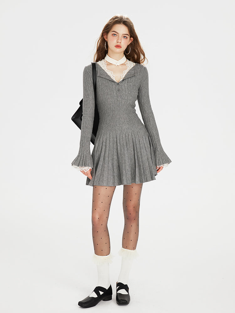 Half-Placket Accordion-Pleated Knit Dress