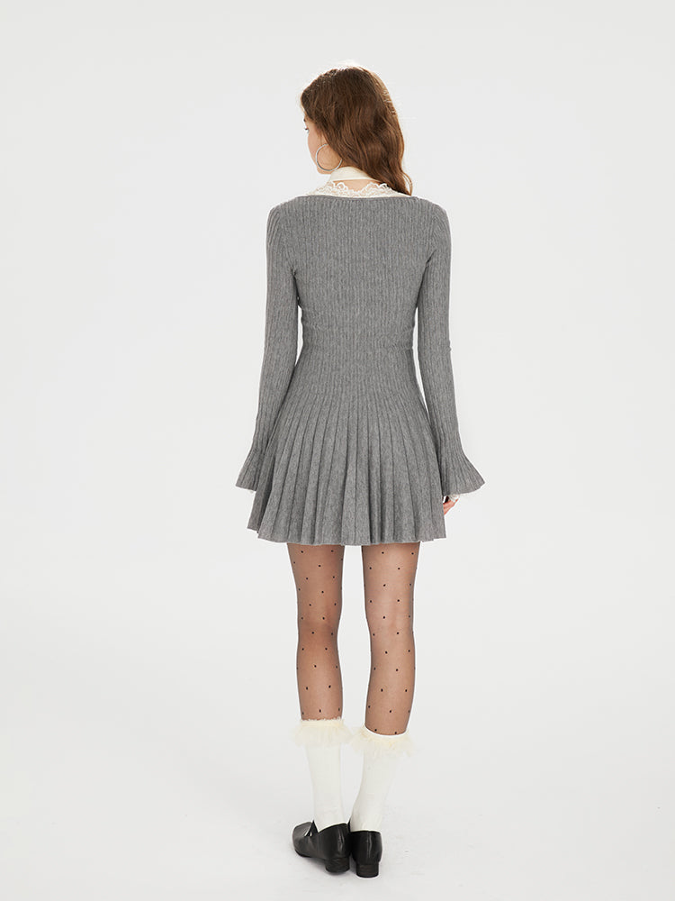 Half-Placket Accordion-Pleated Knit Dress