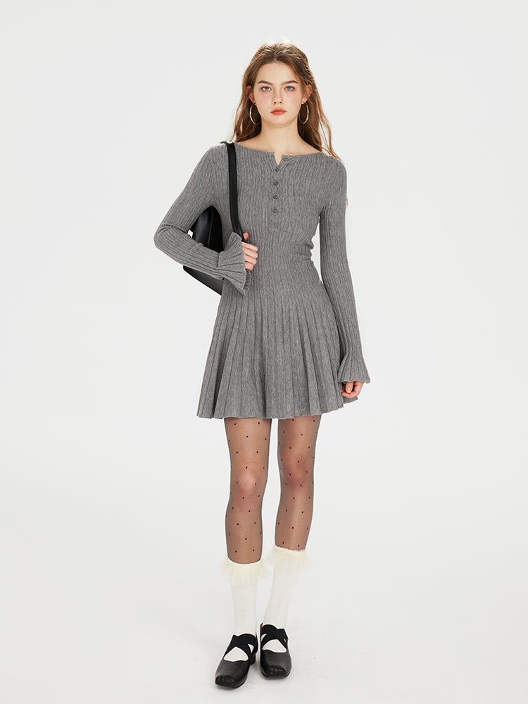 Half-Placket Accordion-Pleated Knit Dress