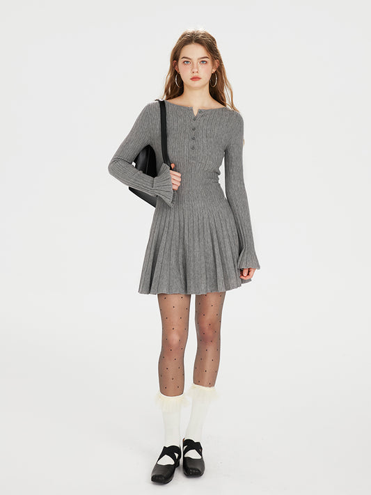 Half-Placket Accordion-Pleated Knit Dress