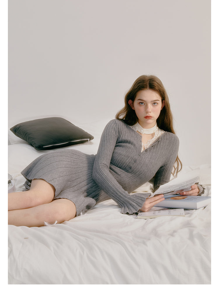 Half-Placket Accordion-Pleated Knit Dress