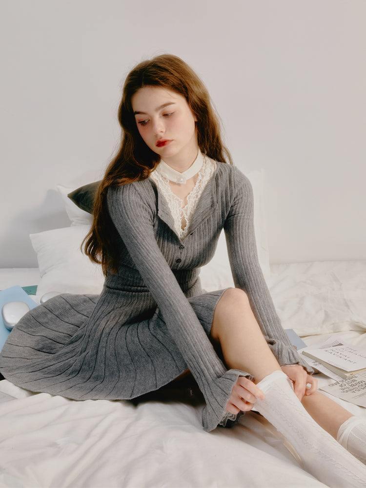 Half-Placket Accordion-Pleated Knit Dress