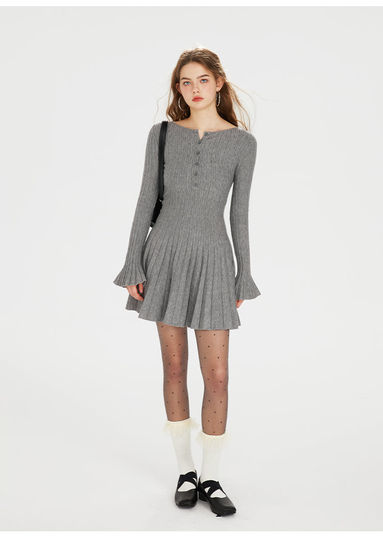 Half-Placket Accordion-Pleated Knit Dress