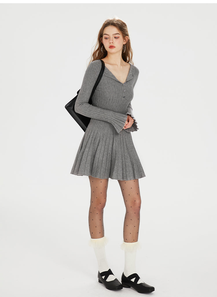 Half-Placket Accordion-Pleated Knit Dress