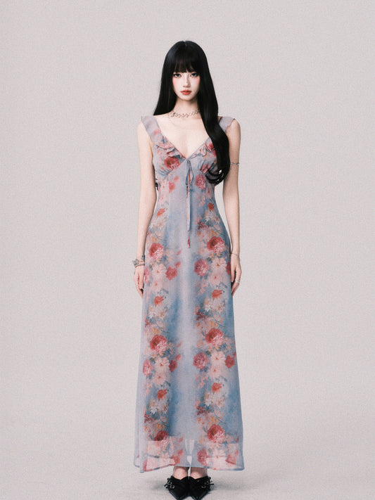 Classic Floral Print Sleeveless V-Neck Dress