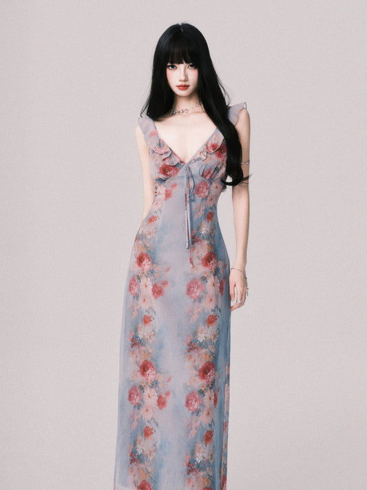 Classic Floral Print Sleeveless V-Neck Dress