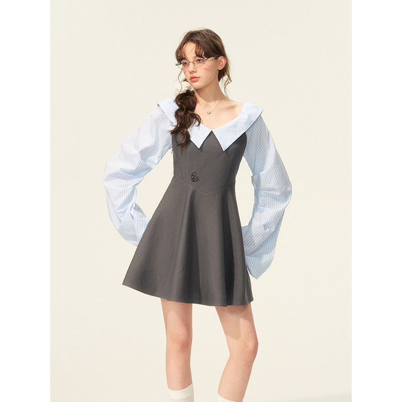Faux-Layered Striped Shirt Dress With Pleated Sleeves