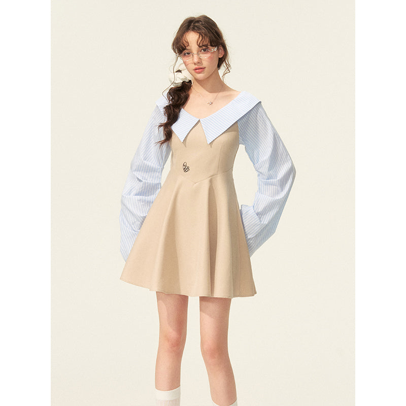 Faux-Layered Striped Shirt Dress With Pleated Sleeves