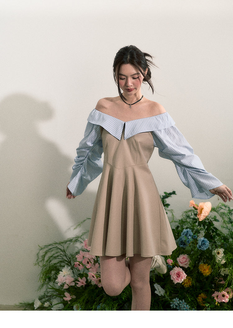 Faux-Layered Striped Shirt Dress With Pleated Sleeves