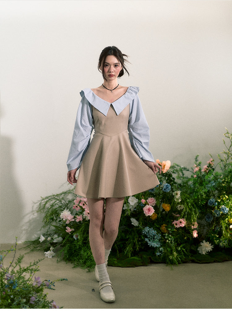 Faux-Layered Striped Shirt Dress With Pleated Sleeves