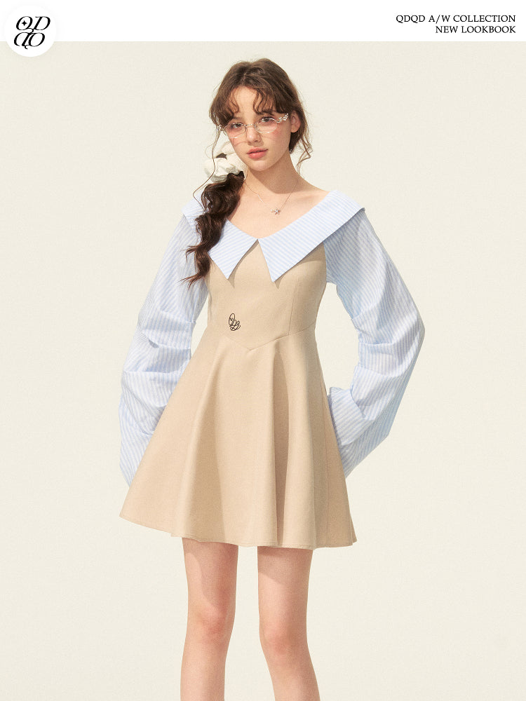 Faux-Layered Striped Shirt Dress With Pleated Sleeves
