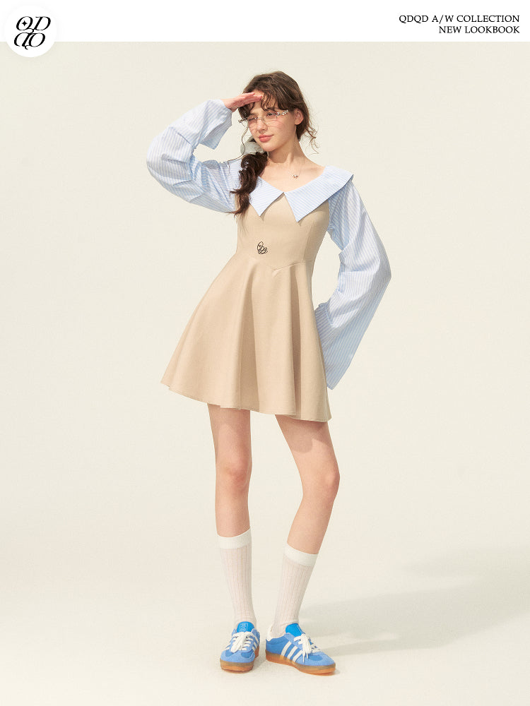 Faux-Layered Striped Shirt Dress With Pleated Sleeves