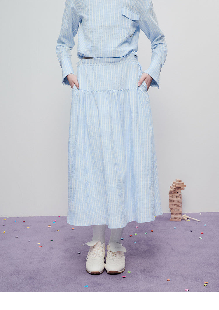 Tie-Waist Minimal Striped Yoke Skirt