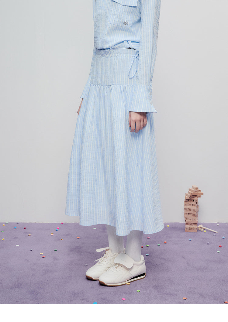 Tie-Waist Minimal Striped Yoke Skirt
