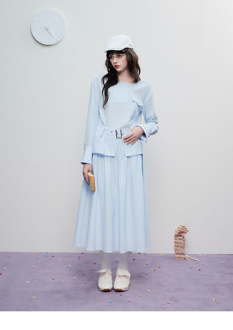 Tie-Waist Minimal Striped Yoke Skirt