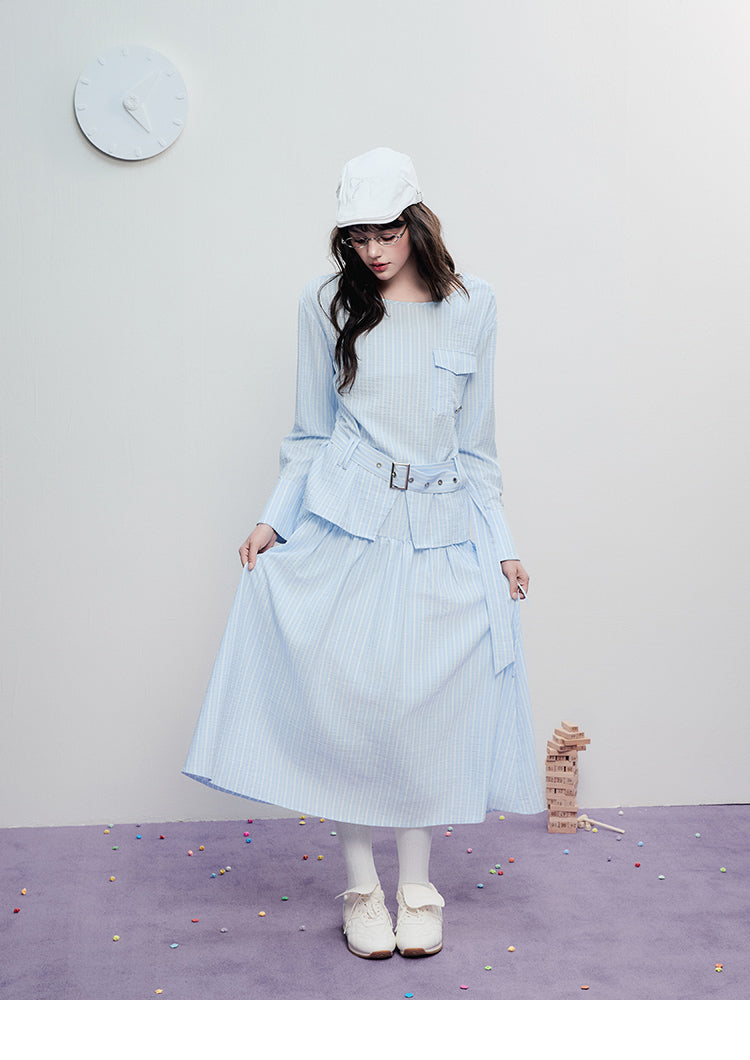 Tie-Waist Minimal Striped Yoke Skirt