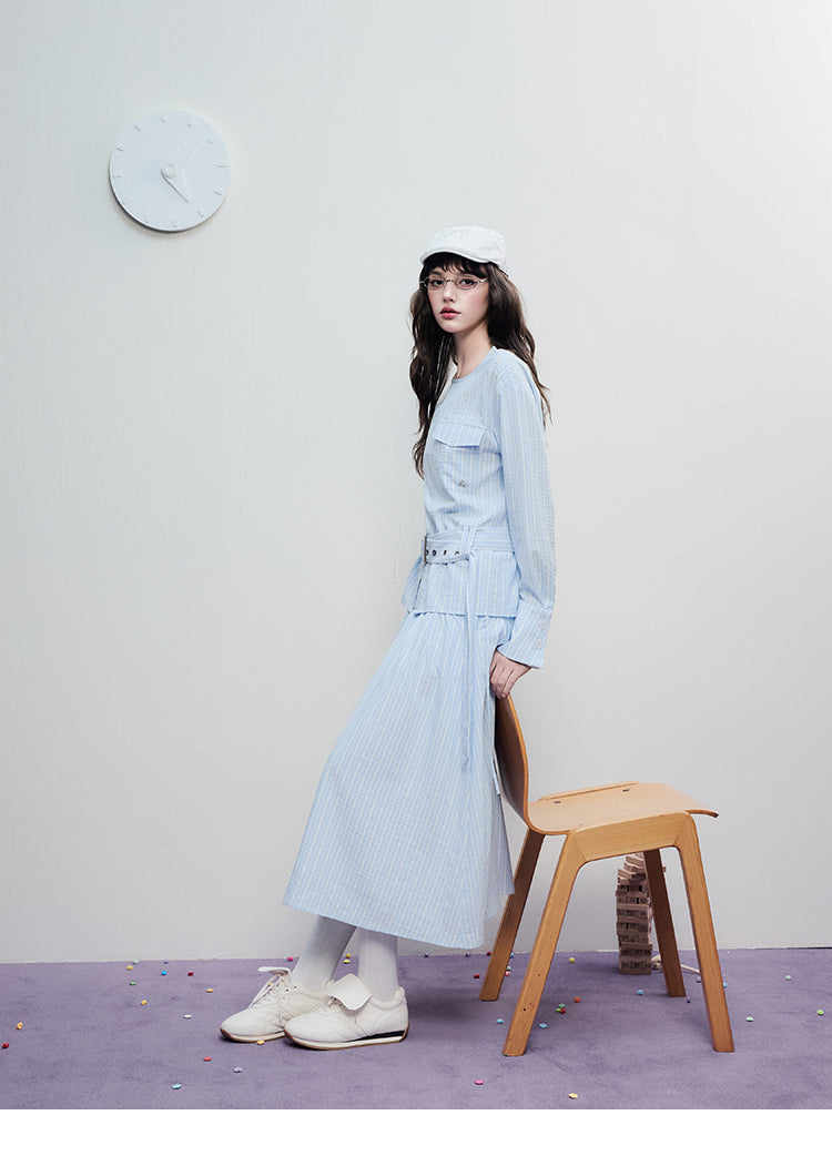 Tie-Waist Minimal Striped Yoke Skirt