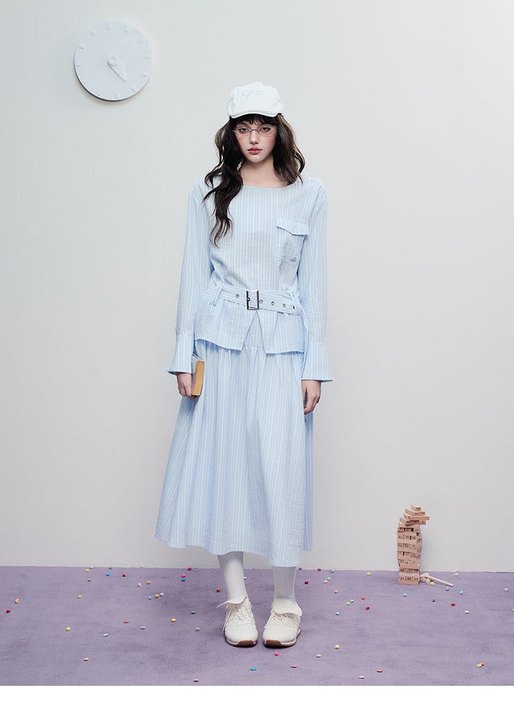 Tie-Waist Minimal Striped Yoke Skirt