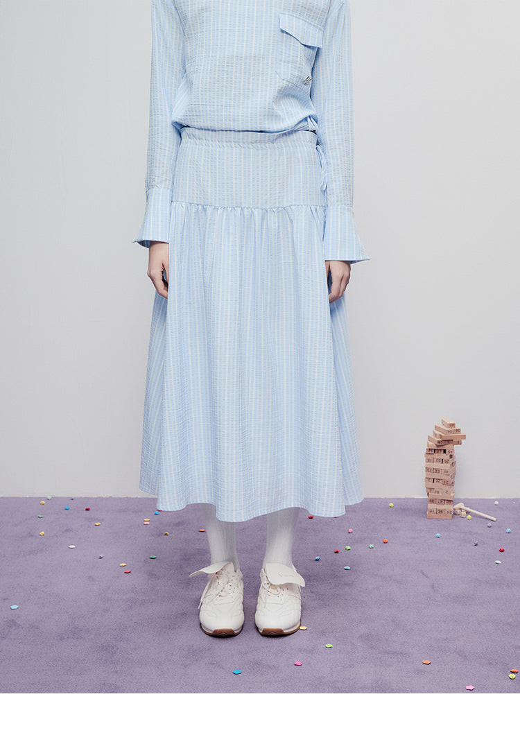 Tie-Waist Minimal Striped Yoke Skirt