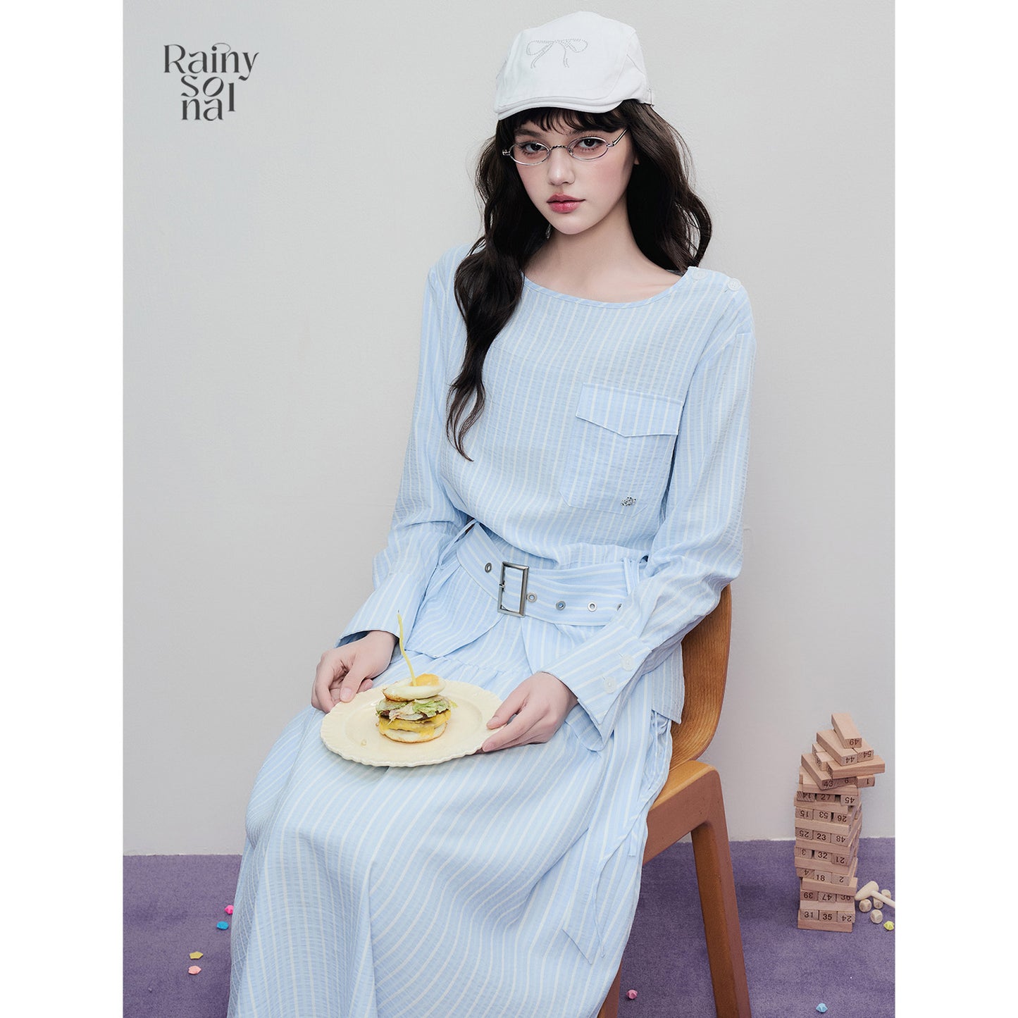 Tie-Waist Minimal Striped Yoke Skirt