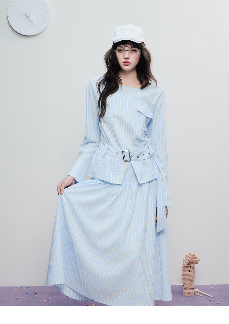 Tie-Waist Minimal Striped Yoke Skirt