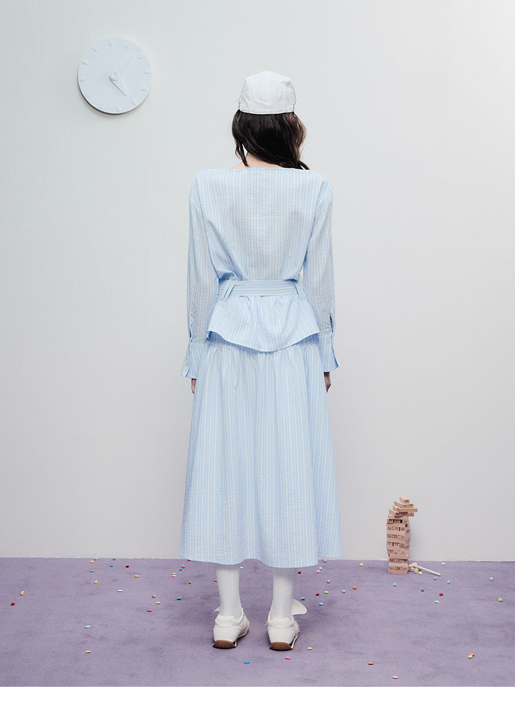 Tie-Waist Minimal Striped Yoke Skirt