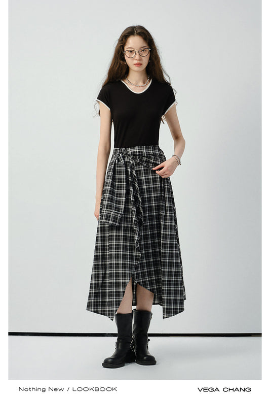 Faux Two-Piece Cap-Sleeve Asymmetric Plaid Dress