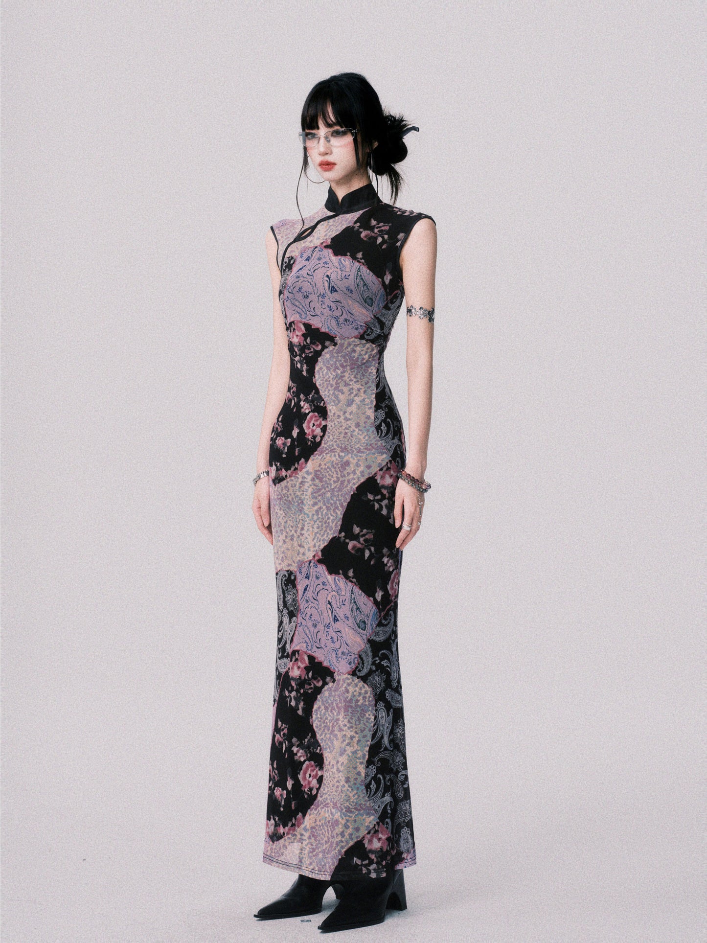 Qipao-Style Patchwork Print Dress In 2 Lengths