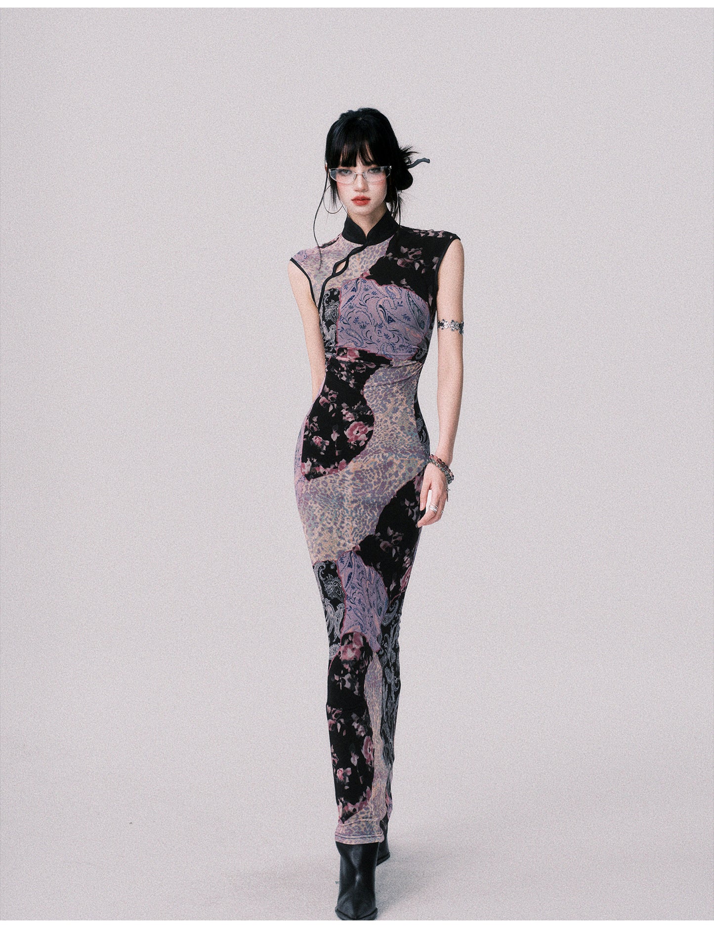 Qipao-Style Patchwork Print Dress In 2 Lengths