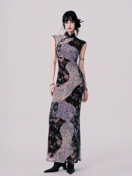 Qipao-Style Patchwork Print Dress In 2 Lengths